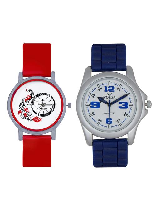 Frida Designer Collection PU and Rubber Multicolor Belt Diwali and Navratri Special Men and Women Couple Analog Watches Combo - 11790863 - Very Small Image - 1