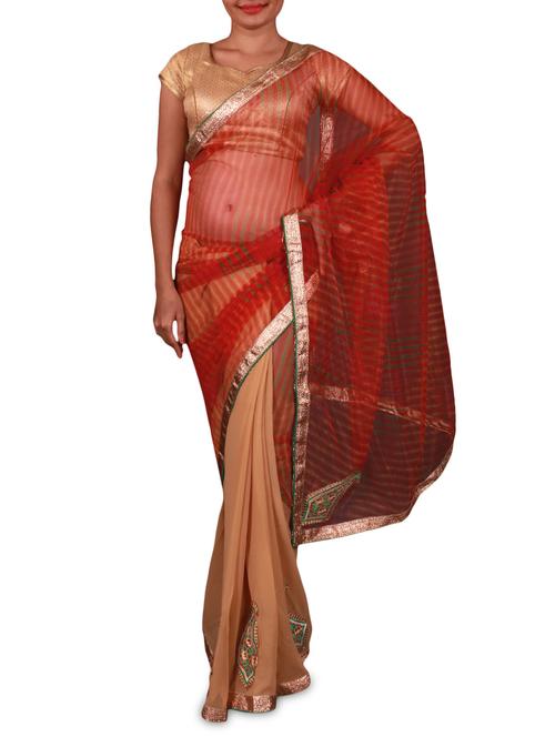 Red & beige georgette half & half saree - 1179281 - Very Small Image - 1