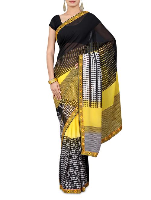 black and yellow georgette floral printed saree - 1179682 - Very Small Image - 1