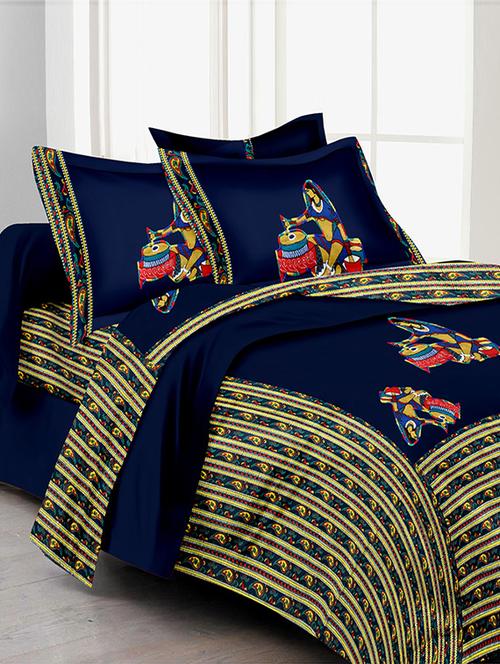 lali prints patchwork blue soft indian print 1 king size bedsheet with 2 pillow covers - 11802325 - Very Small Image - 1
