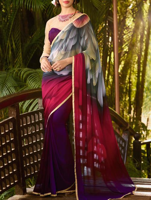purple georgette printed half and half saree - 11803097 - Very Small Image - 1