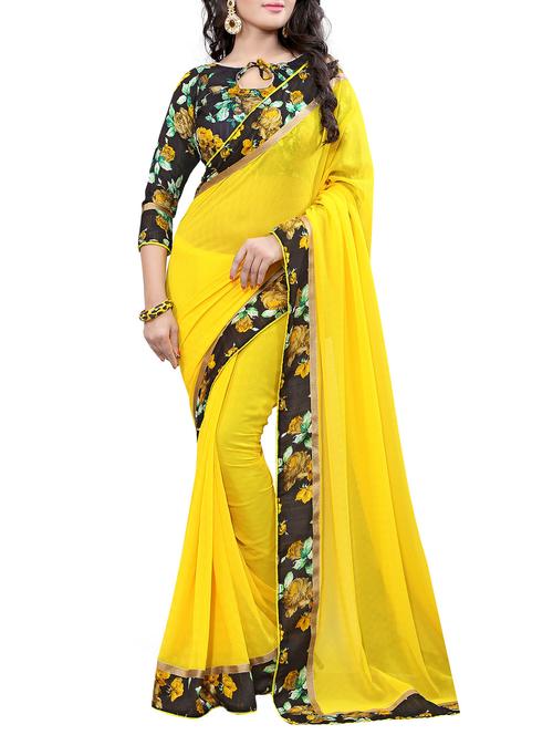 yellow floral printed border faux georgette saree with blouse - 11810983 - Very Small Image - 1