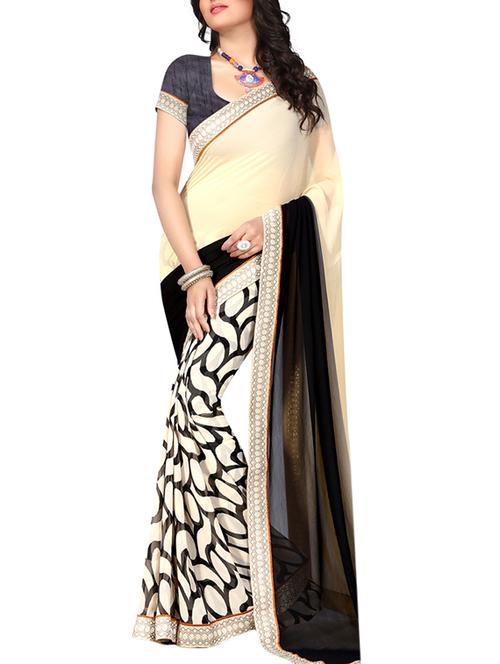 cream printed faux georgette saree with blouse - 11811158 - Very Small Image - 1