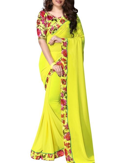yellow faux georgette bordered saree with blouse - 11811189 - Very Small Image - 1