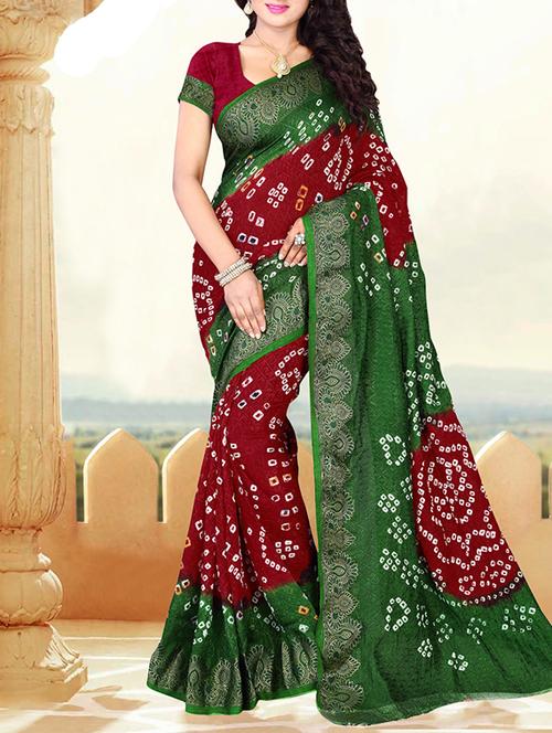 red cotton bandhani saree with blouse - 11821696 - Very Small Image - 1