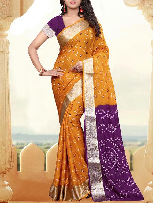 mustard cotton silk bandhani saree with blouse - 11821704 - Very Small Image - 1