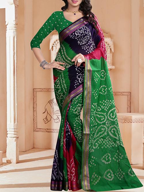 green cotton bandhani saree with blouse - 11822537 - Very Small Image - 1