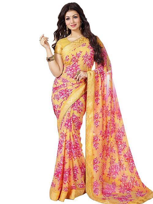 yellow georgette saree with blouse - 11830071 - Very Small Image - 1
