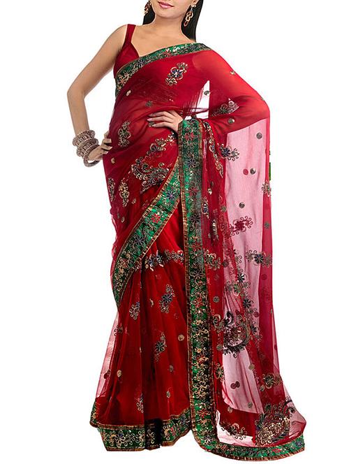 red embroidered net saree with blouse - 11838621 - Very Small Image - 1