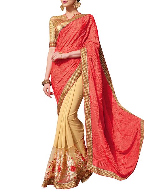 red and beige georgette half & half  saree with blouse - 11852009 - Very Small Image - 1