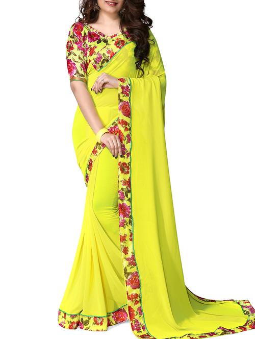 yellow faux georgette bordered saree with blouse - 11861495 - Very Small Image - 1