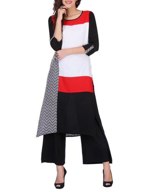Varanga black, red & White Cotton Rayon Kurta With Palazzo - 11864864 - Very Small Image - 1