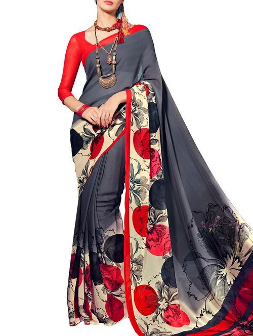 grey georgette printed saree with blouse - 11865332 - Very Small Image - 1
