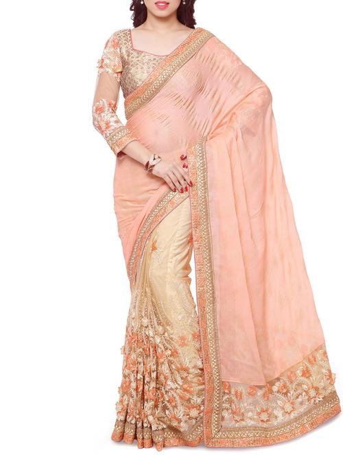 peach half and half georgette saree with blouse - 11866339 - Very Small Image - 1