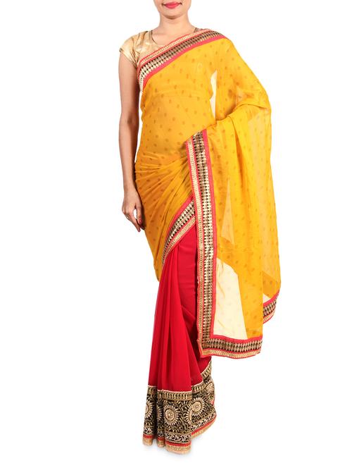 yellow and red embroidered georgette saree - 1188169 - Very Small Image - 1