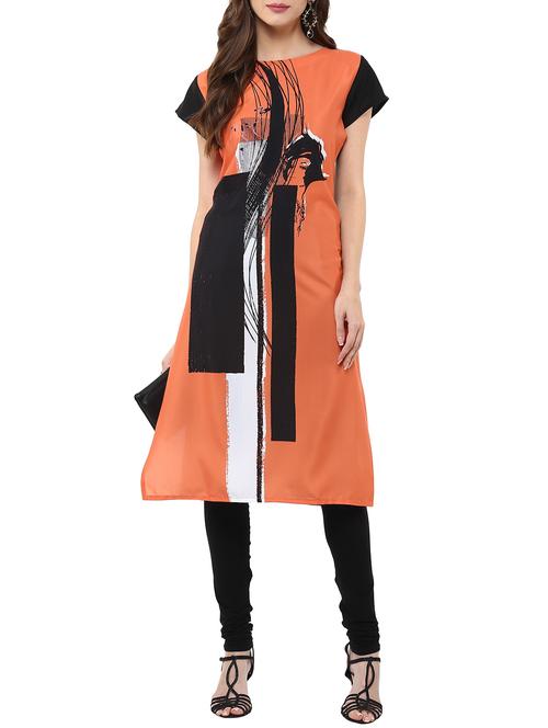 orange crepe printed straight kurta - 11900691 - Very Small Image - 1