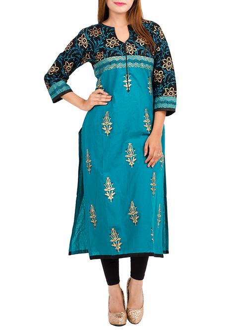 blue cotton straight kurta - 11911027 - Very Small Image - 1