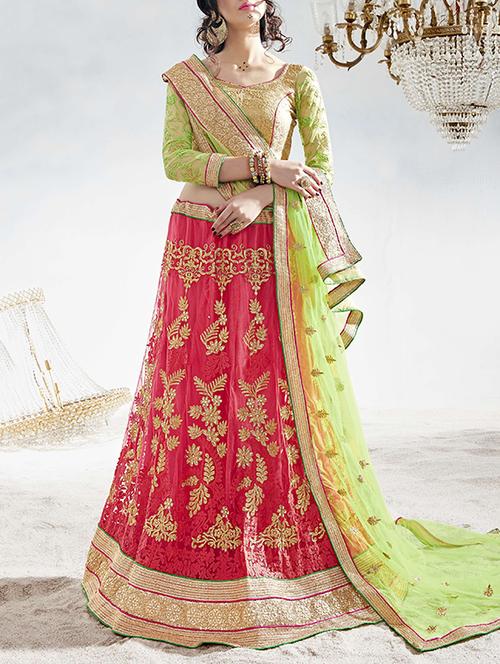 Pink Satin Panelled Lehenga - 11912330 - Very Small Image - 1