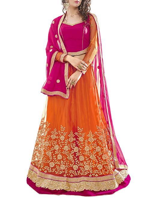 Orange Net & satin Panelled Lehenga - 11912337 - Very Small Image - 1