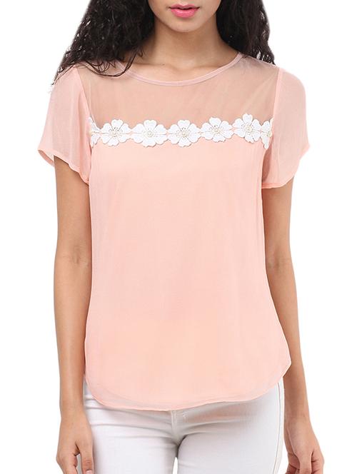 peach flower trim georgette top - 11915358 - Very Small Image - 1