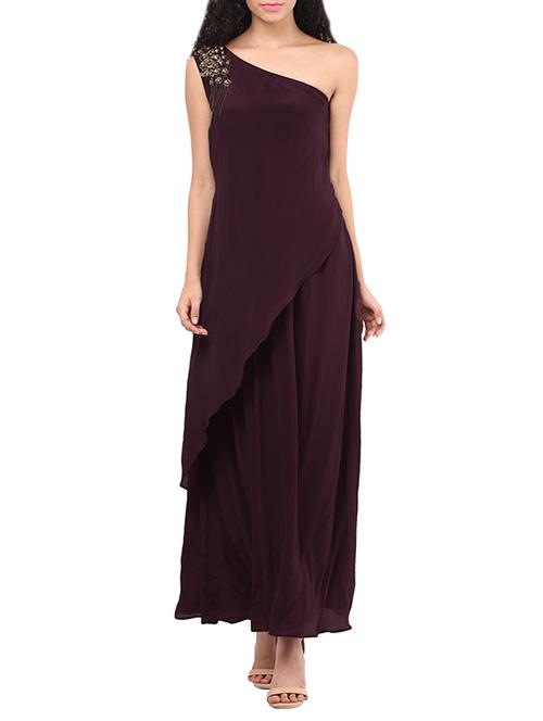 wine embellished crepe one shoulder dress - 11915398 - Very Small Image - 1
