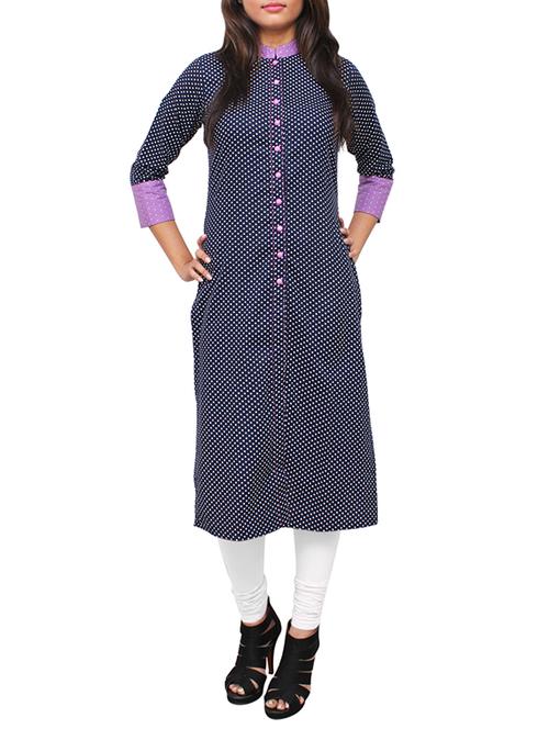 blue polka dots printed cotton high slit kurta - 11916042 - Very Small Image - 1