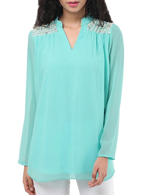 sky blue embellished georgette top - 11919963 - Very Small Image - 1