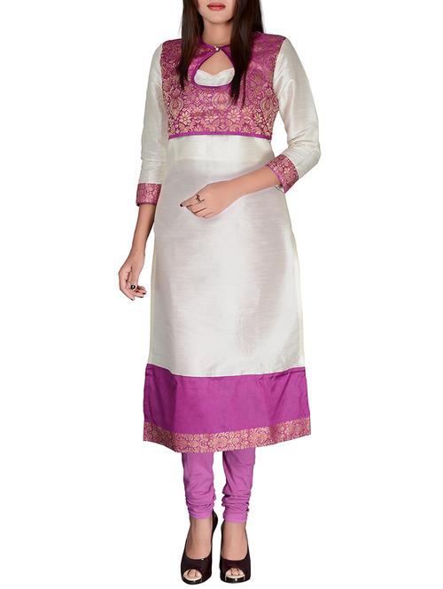 cream silk blend straight kurta - 11926975 - Very Small Image - 1