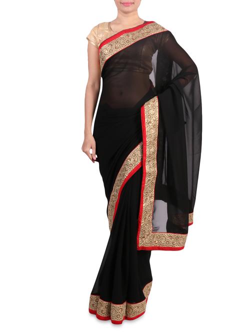 black faux georgette saree with embroidered border - 1192796 - Very Small Image - 1