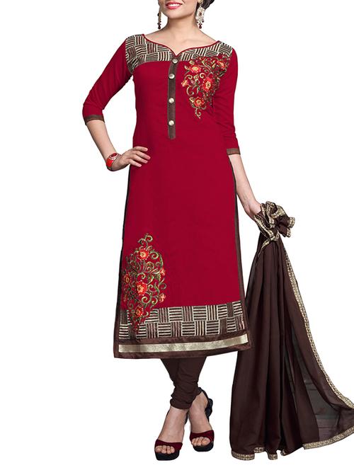 red cotton unstitched suit - 11933647 - Very Small Image - 1