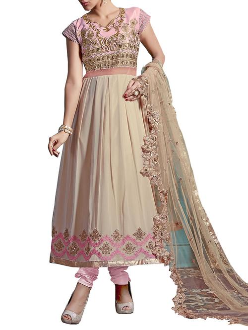 cream georgette semistitched suit - 11933665 - Very Small Image - 1