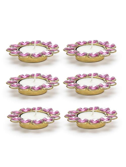 tea light diya set of 6 pink stone - 11940321 - Very Small Image - 1