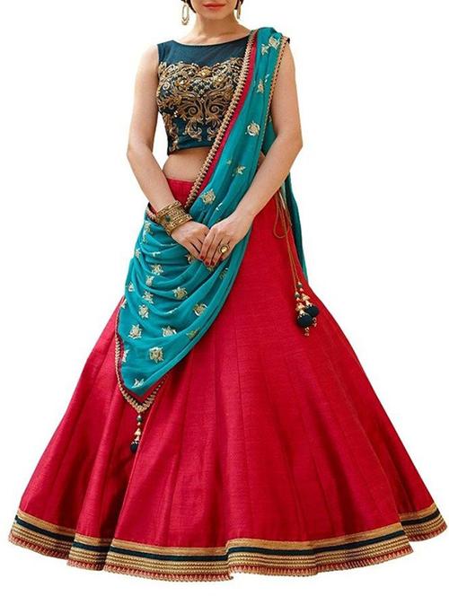 red silk flared lehenga - 11946591 - Very Small Image - 1