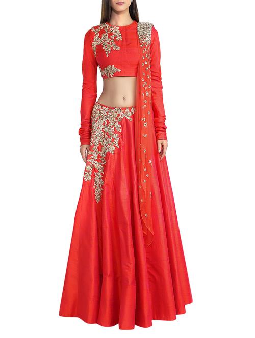 red silk flared lehenga - 11951310 - Very Small Image - 1