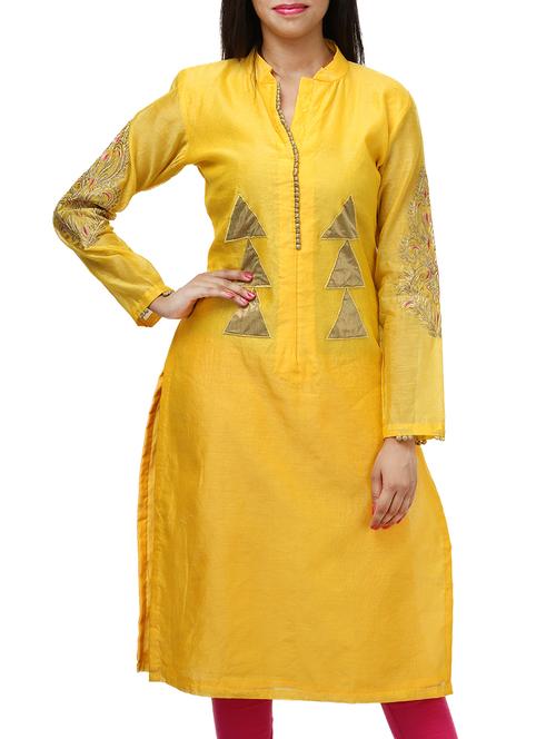 yellow silk straight kurta - 11954375 - Very Small Image - 1