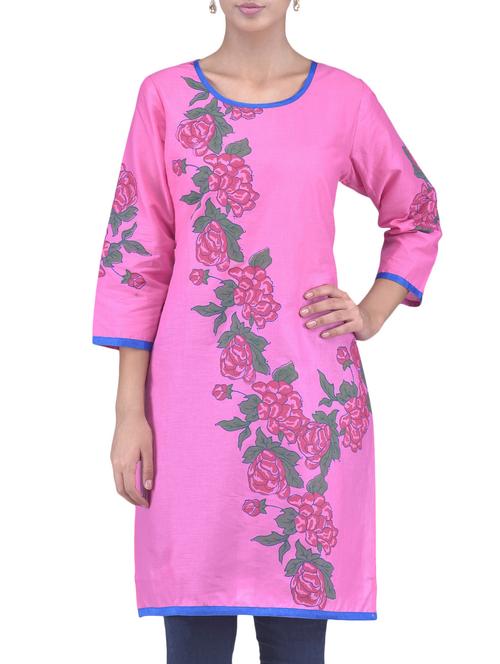 pink rose printed cotton kurta - 1195498 - Very Small Image - 1