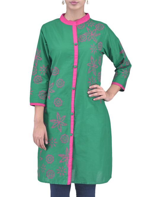 bottle green printed cotton kurta - 1195504 - Very Small Image - 1