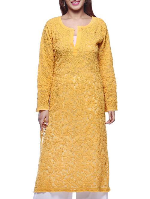 Yellow Chikankari Embroidered Georgette Kurta - 11960460 - Very Small Image - 1