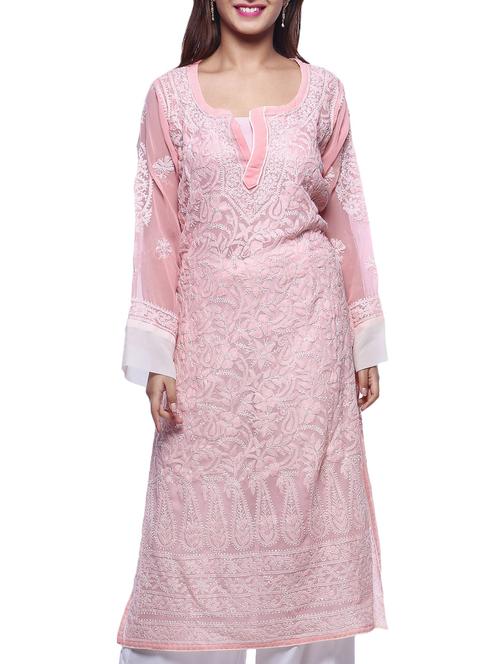 Baby Pink Chikankari Embroidered Georgette Kurta - 11960468 - Very Small Image - 1