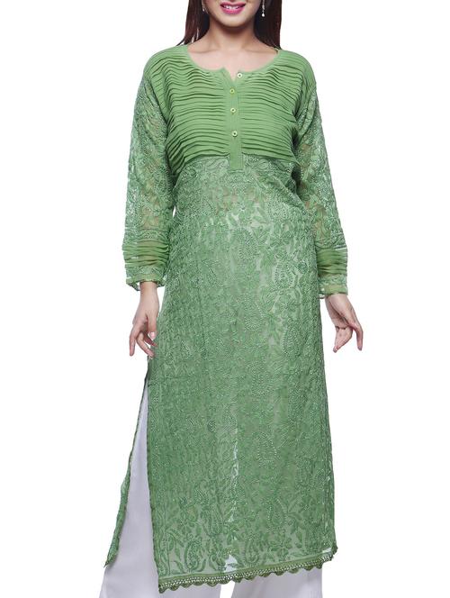 Sage Green Chikankari Embroidered Georgette Kurta - 11960472 - Very Small Image - 1