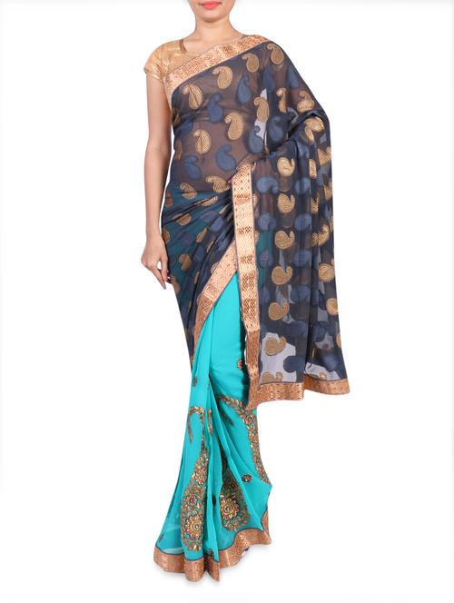 aqua and navy blue georgette saree with blouse - 1199725 - Very Small Image - 1
