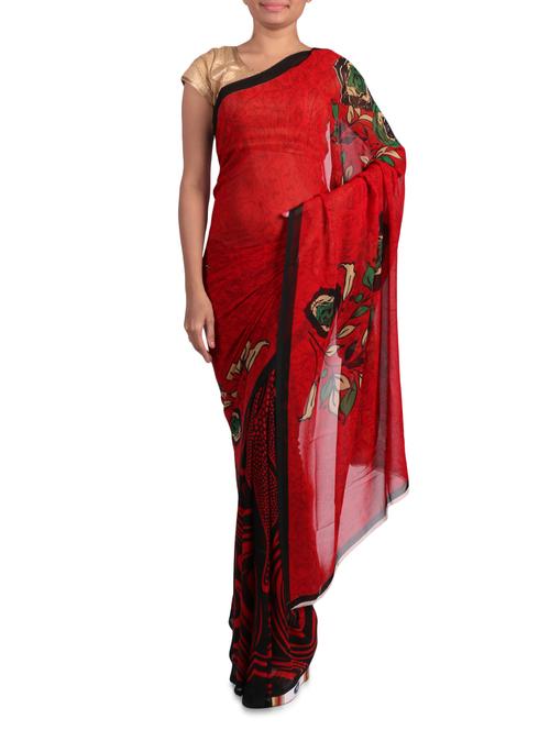 Printed red georgette saree - 1201928 - Very Small Image - 1