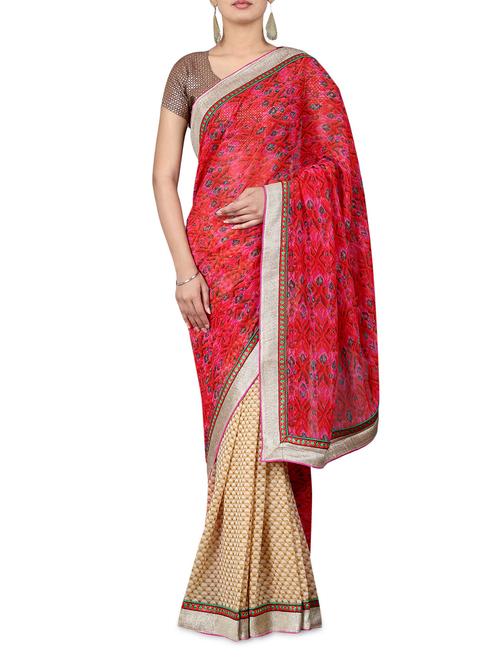red and beige printed georgette saree - 1203032 - Very Small Image - 1