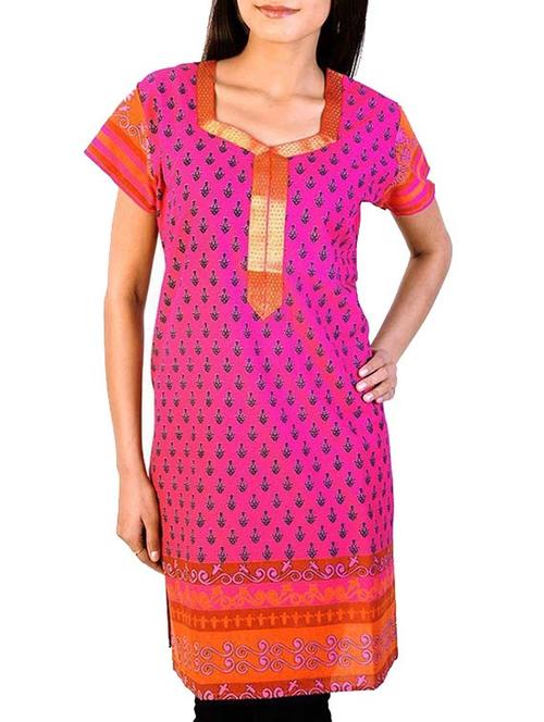 pink cotton block printed straight kurta - 12068041 - Very Small Image - 1