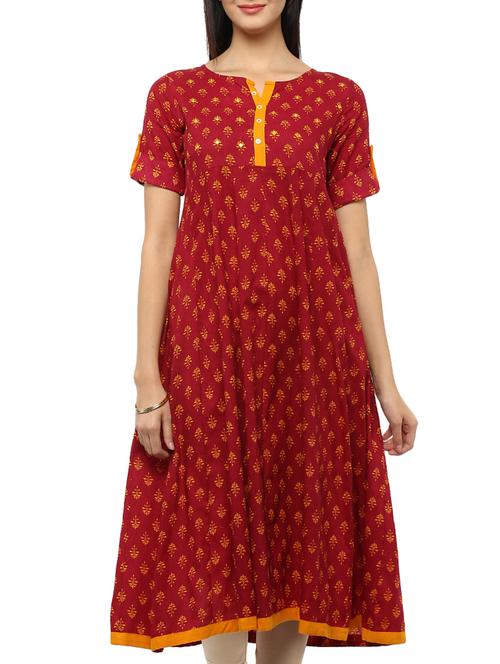 red cotton flared kurta - 12079580 - Very Small Image - 1