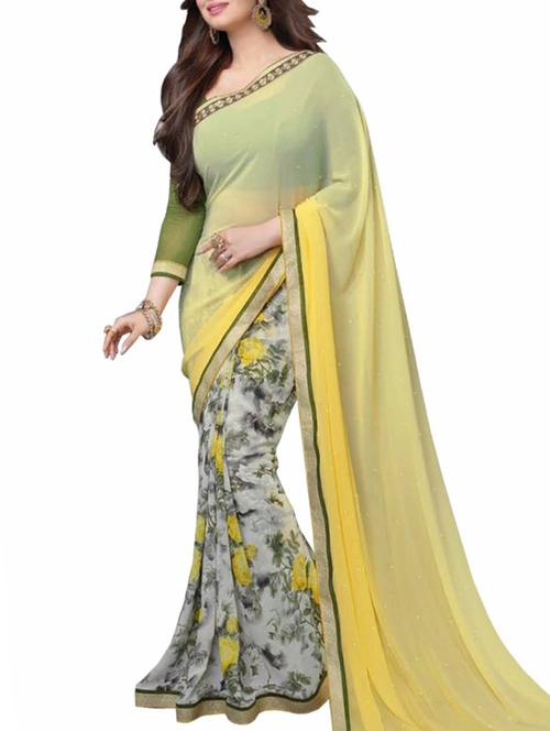 yellow georgette saree with blouse - 12081361 - Very Small Image - 1