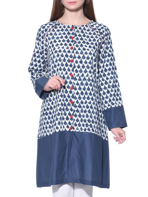 indigo and white cotton straight kurta - 12082364 - Very Small Image - 1