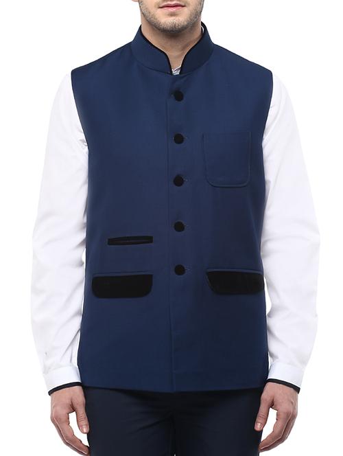 blue cotton nehru jacket - 12086090 - Very Small Image - 1