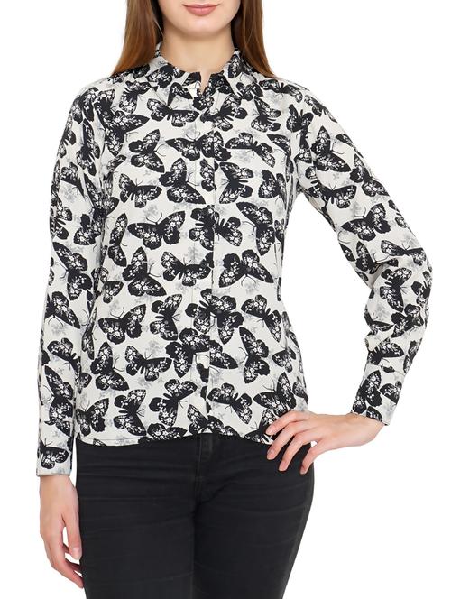 white and black butterfly printed crepe regular shirt - 12086654 - Very Small Image - 1