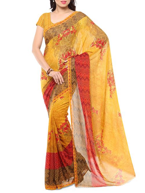 yellow georgette saree with blouse - 12089482 - Very Small Image - 1